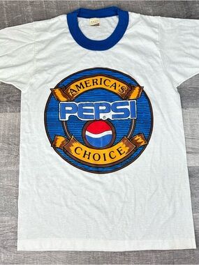 VTG 80s Pepsi Americas Choice Ringer T Shirt Screen Stars USA Boys L White Promo